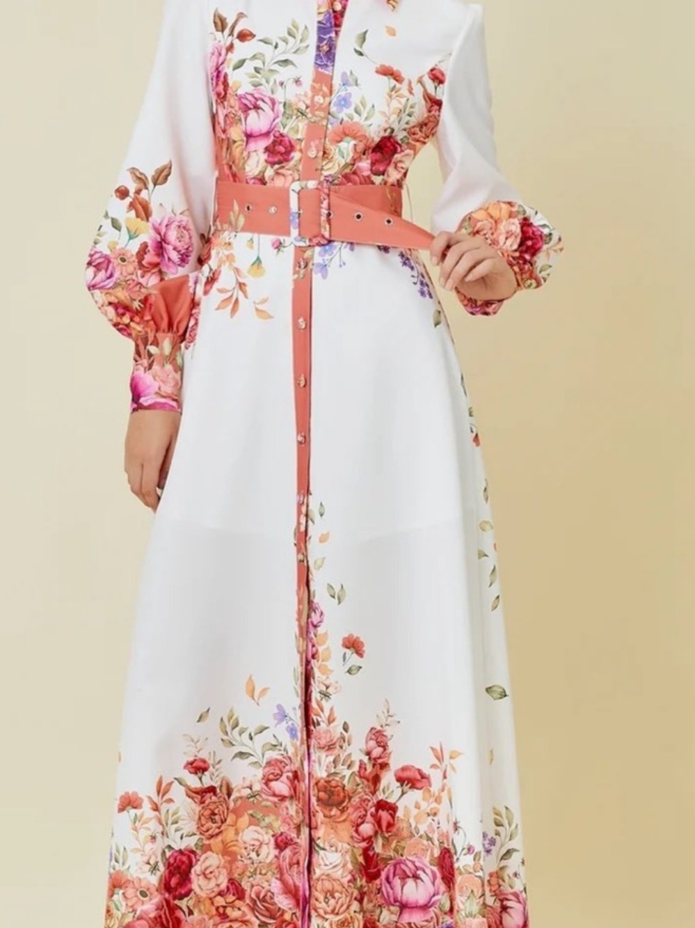 Avara Mainstrip Floral Belted Maxi Shirt Dress White Pink Orange Medium NWT - Picture 2 of 11